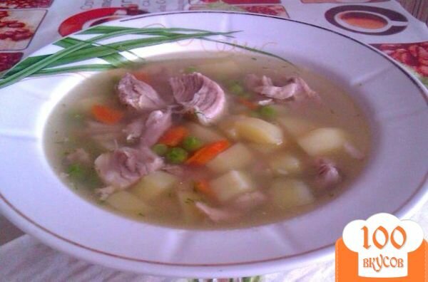 Фото рецепта: «Картофельный суп со свининой и зеленым горошком»