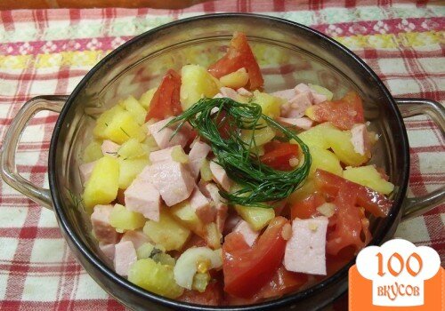 Фото рецепта: «Теплый салат с сосисками и грибами»