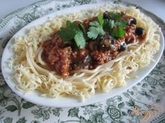 «Спагетти с мясным фаршем и маслинами» - приготовления блюда - шаг 9